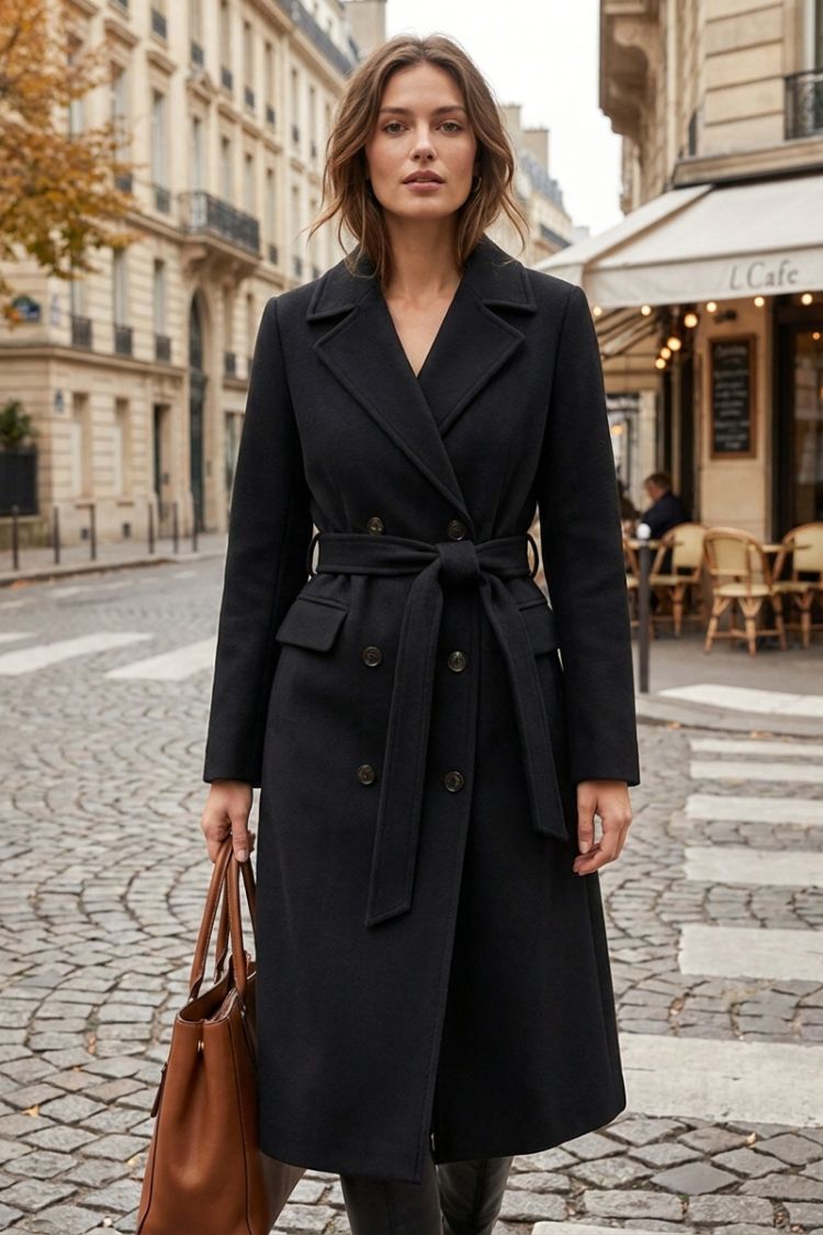 Women's Belted Coat with Notched Collar