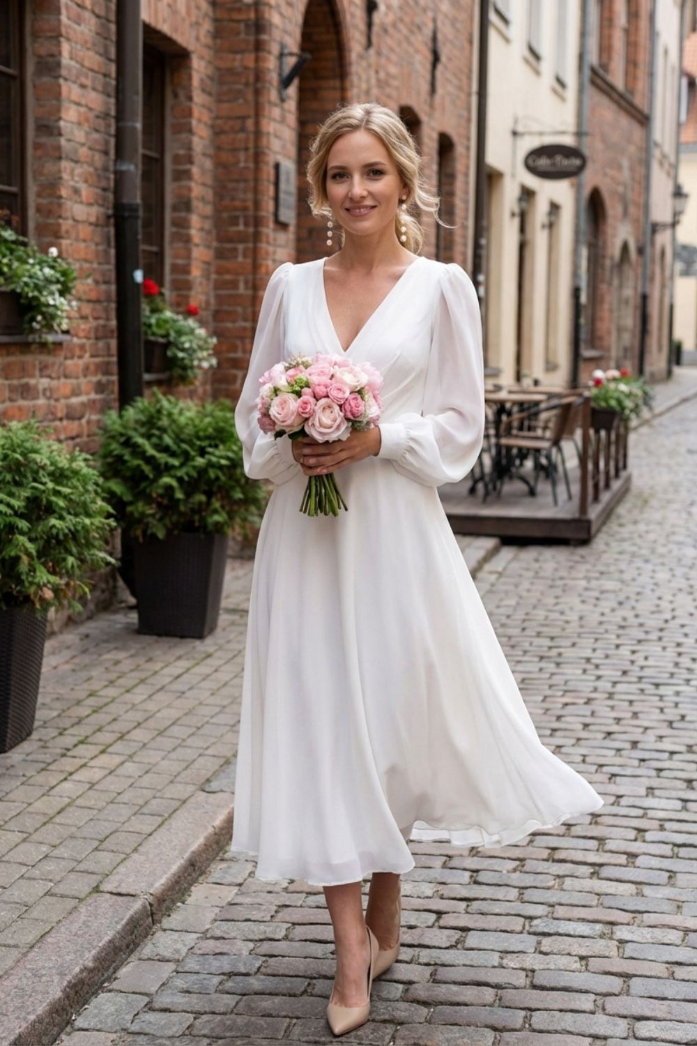 Women's V-Neck Long Sleeve Midi Dress