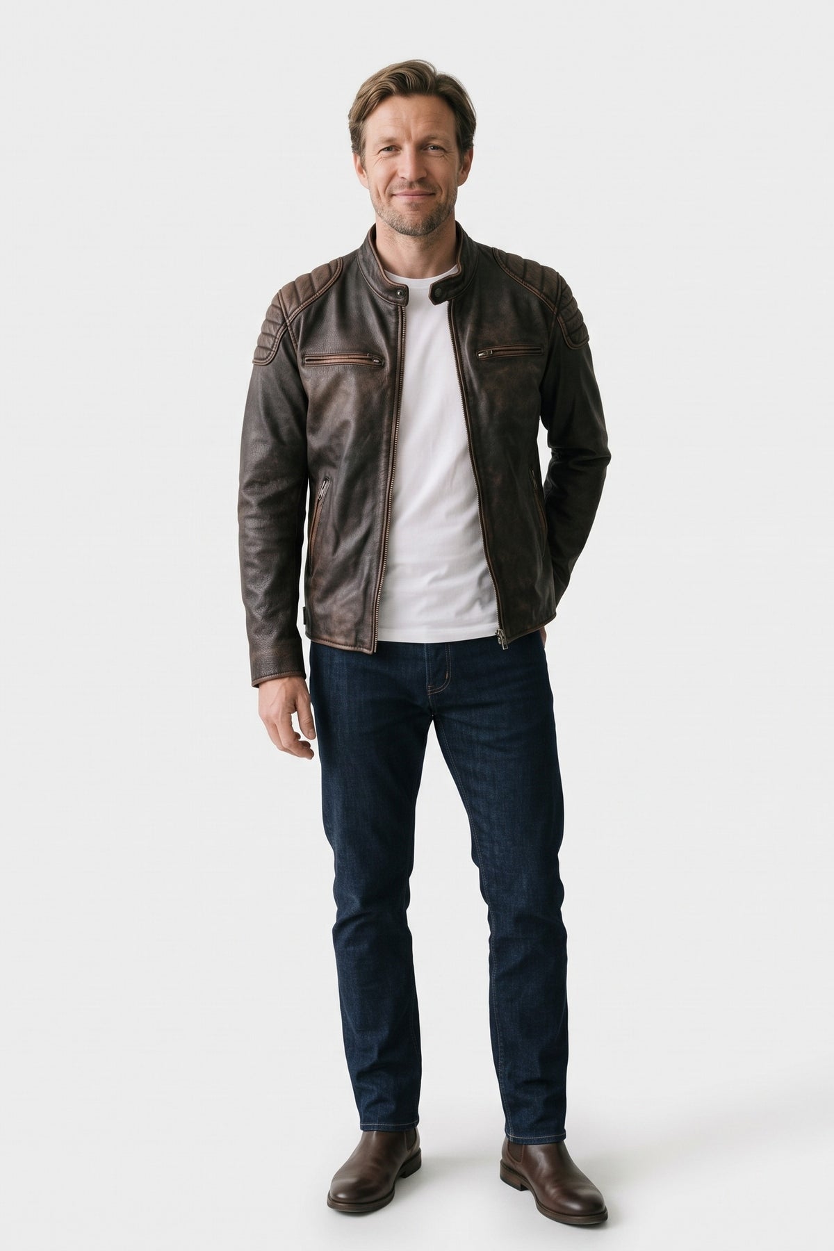 Men's Motorcycle Jacket | Slim Biker Fit — Brown — front view — on model