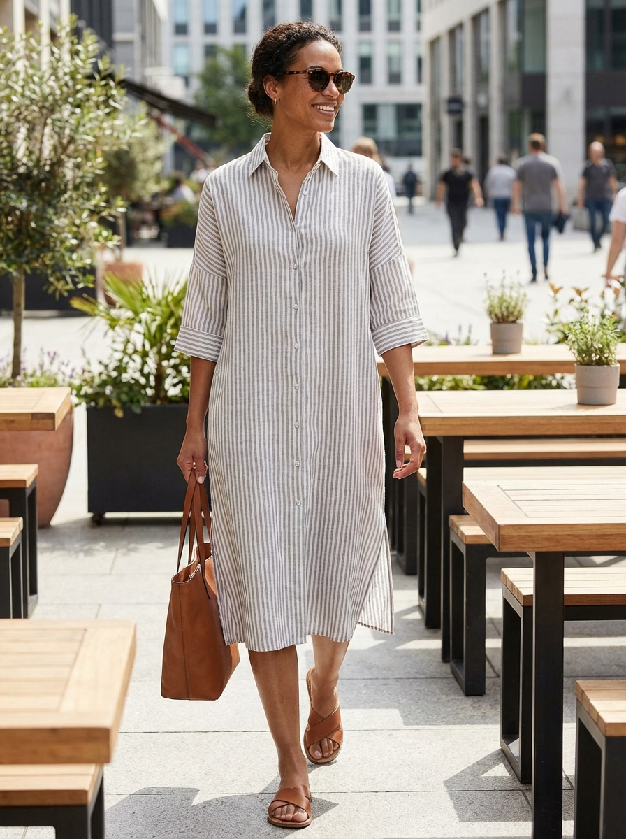 Women's Striped Shirt Dress with Button Placket