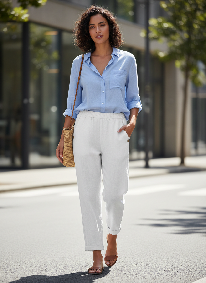 Women's Straight Leg Trousers with Elastic Waistband