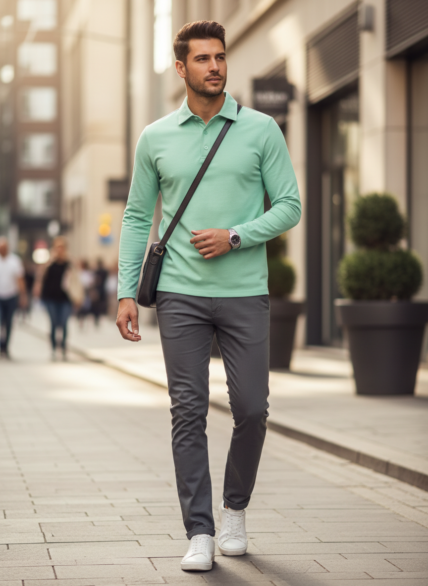 Men's Long Sleeve Polo Shirt with Buttons