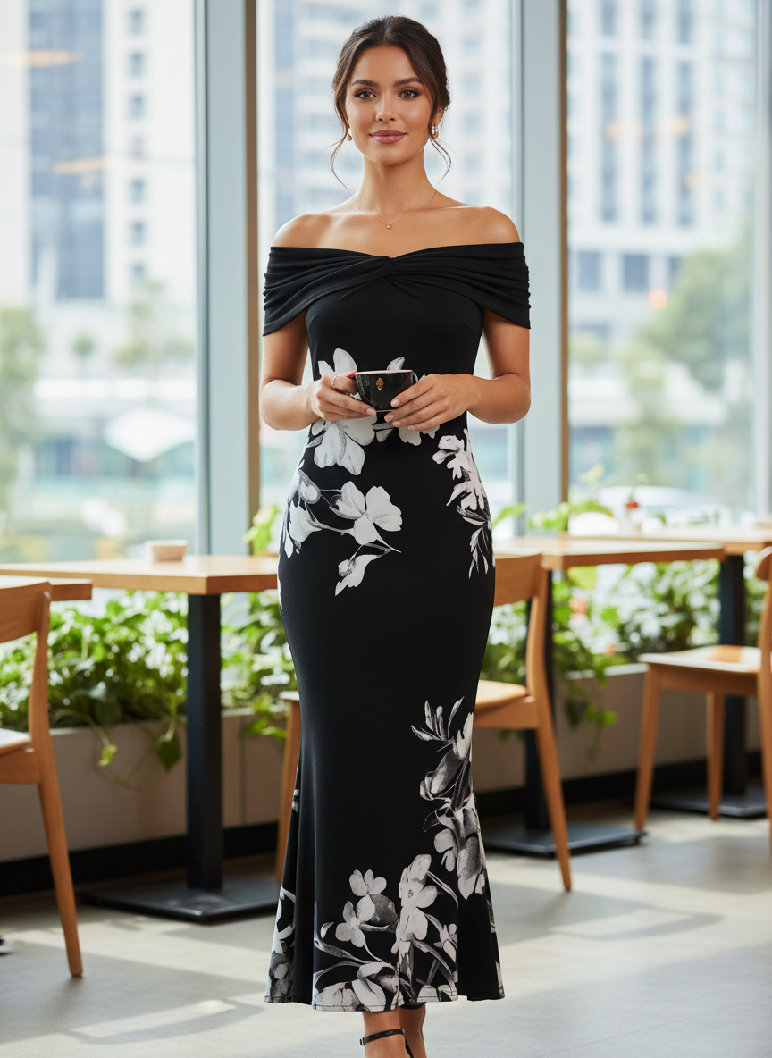 Women's Floral Print Off-Shoulder Maxi Dress – Figure-Hugging