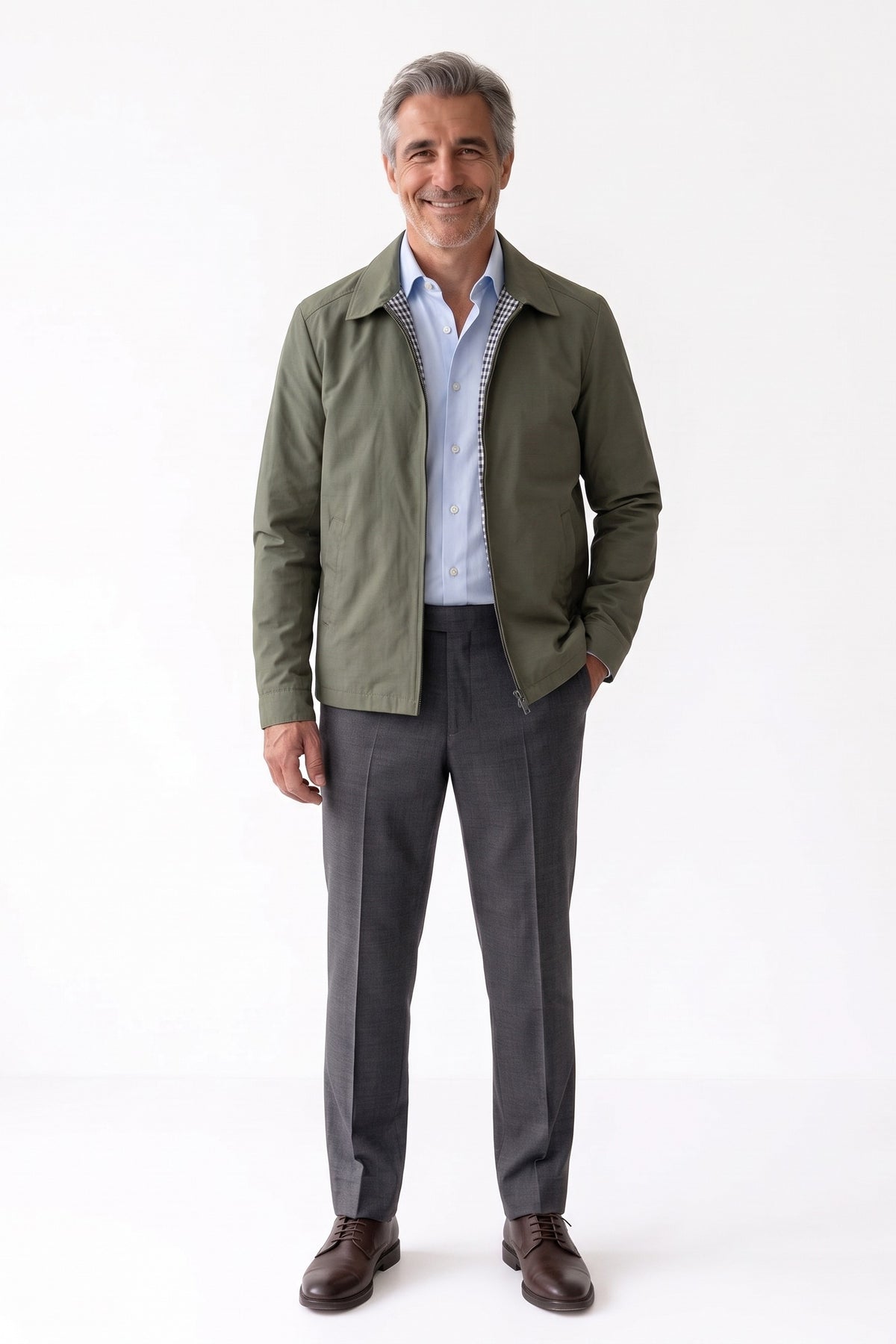 Men's Harrington Jacket | Spread Collar — Green — front view — on model