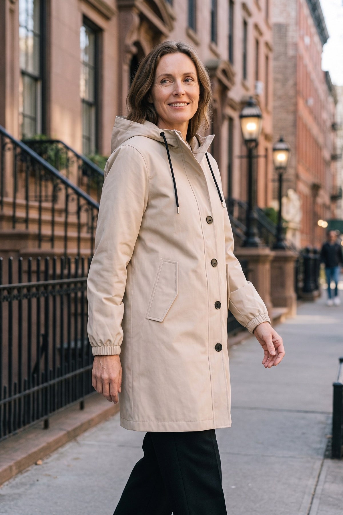 Women's Hooded Parka Coat | Knee-Length — Beige — lifestyle — on model