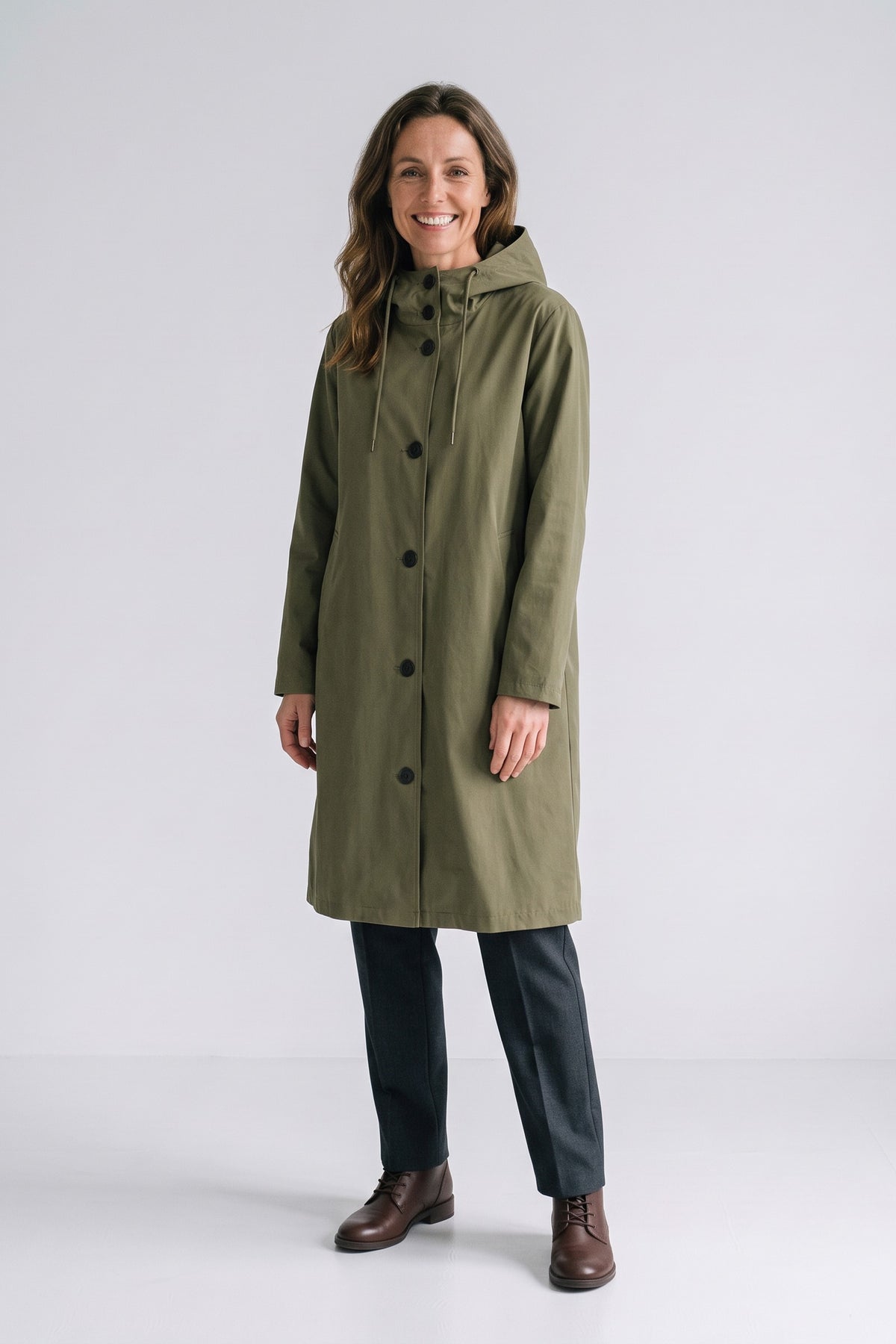 Women's Hooded Raincoat | Button-Front — Green — front view — on model