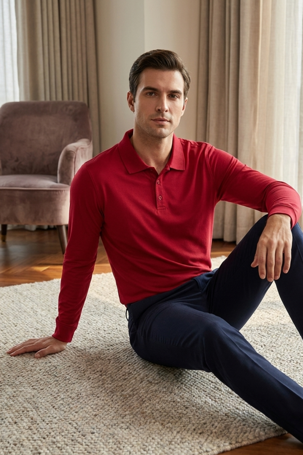 Men's Long Sleeve Polo Shirt with Buttons