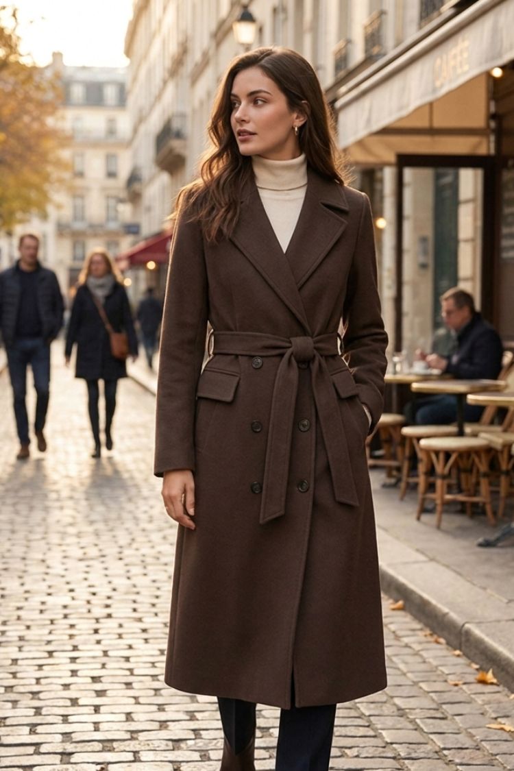 Women's Belted Coat with Notched Collar
