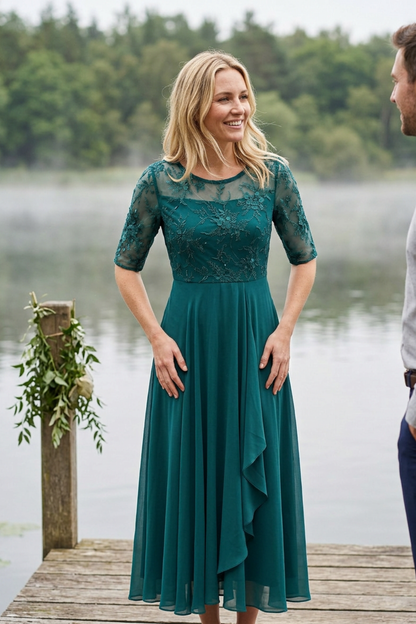 Champagne Women's Chiffon Maxi Dress with Lace Top and 3/4 Sleeves