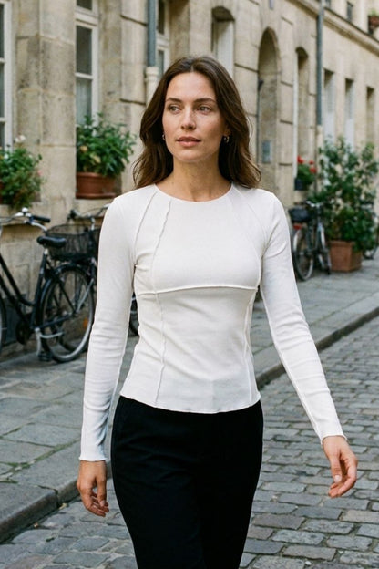 Women's Long Sleeve Round Neck Ribbed Top