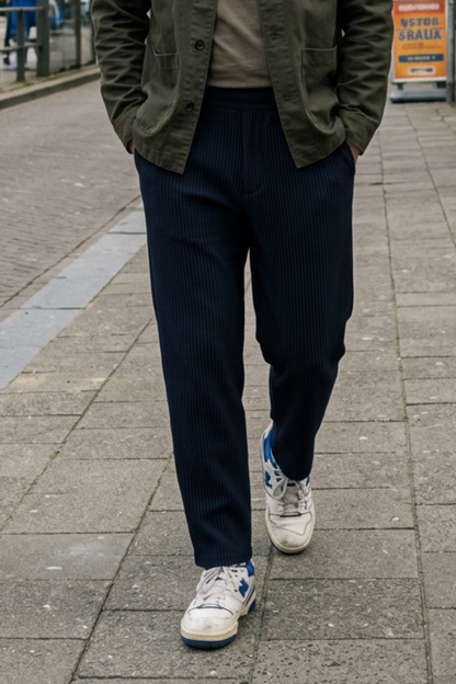 Men's Ribbed Straight Cut Trousers with Elastic Waistband