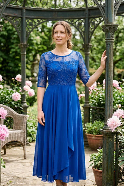 Champagne Women's Chiffon Maxi Dress with Lace Top and 3/4 Sleeves