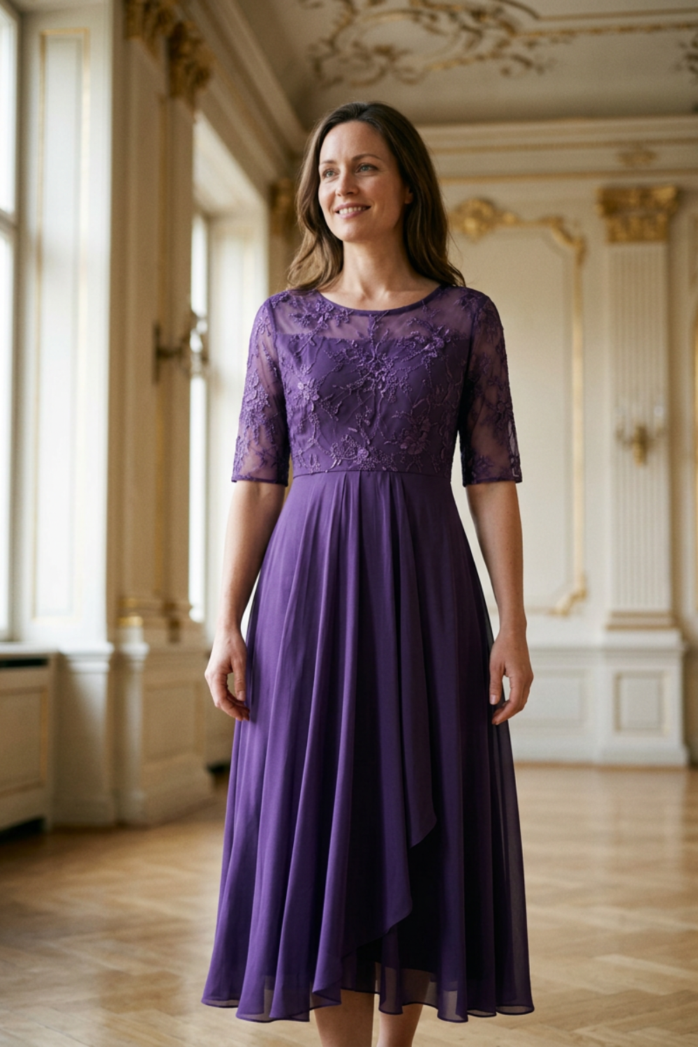 Champagne Women's Chiffon Maxi Dress with Lace Top and 3/4 Sleeves