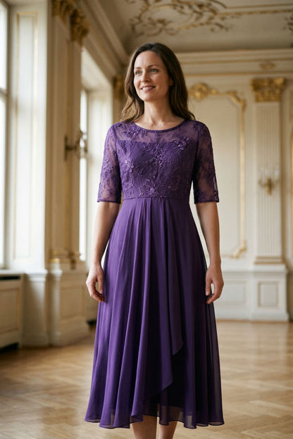 Champagne Women's Chiffon Maxi Dress with Lace Top and 3/4 Sleeves