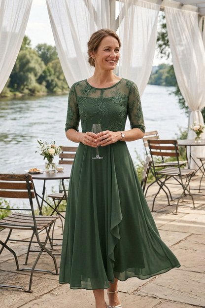 Champagne Women's Chiffon Maxi Dress with Lace Top and 3/4 Sleeves
