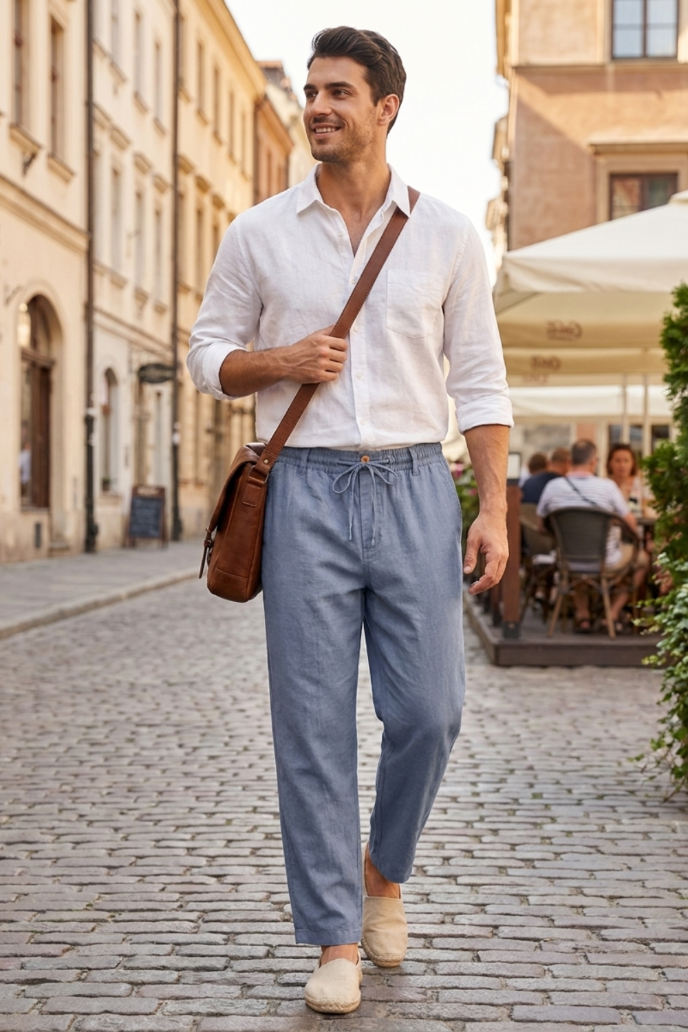 Men's Linen Trousers with Elastic Waist and Drawstring