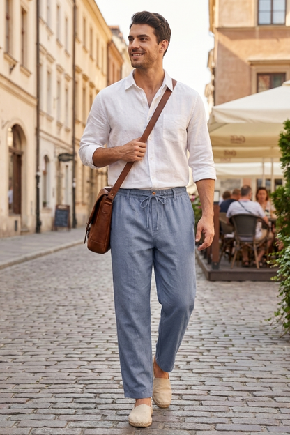 Men's Linen Trousers with Elastic Waist and Drawstring