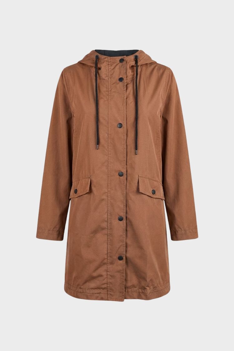 Women's hooded raincoat with drawstring hood and flap pockets – 12