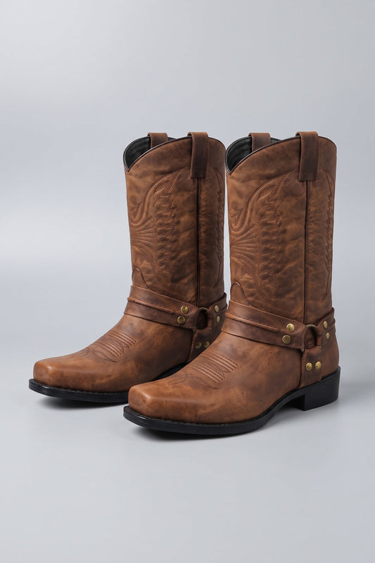 Unisex mid-calf harness boots with square toe and studded ankle strap