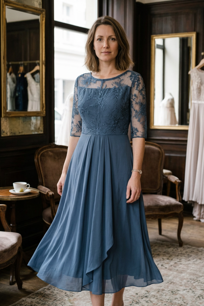 Champagne Women's Chiffon Maxi Dress with Lace Top and 3/4 Sleeves