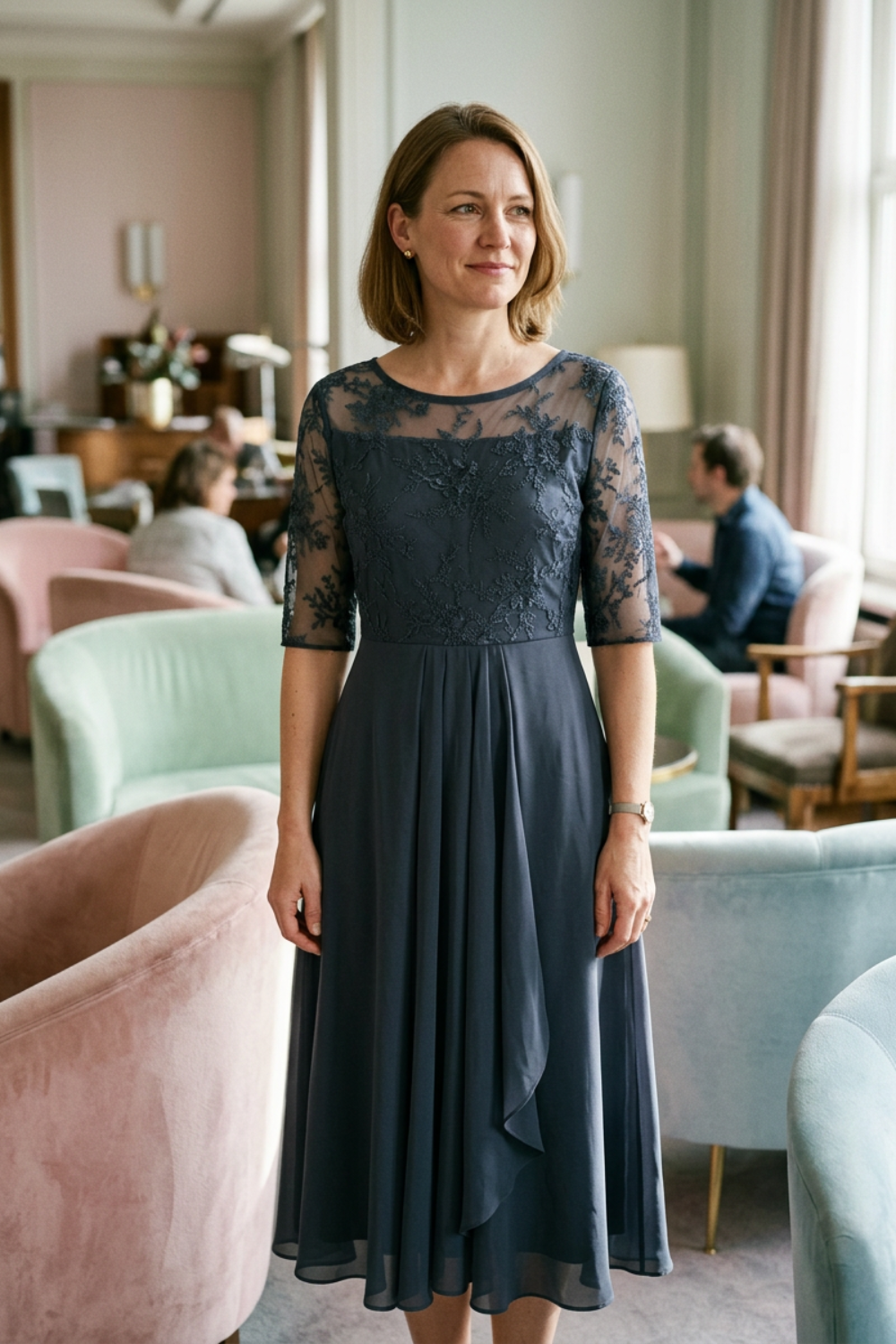 Champagne Women's Chiffon Maxi Dress with Lace Top and 3/4 Sleeves