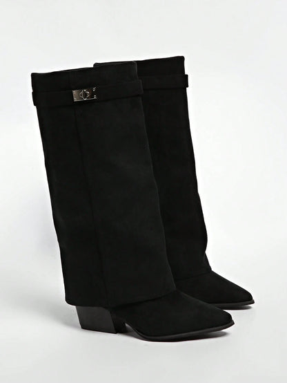 Women's Fold-Over Boots | Buckle Cuff Block Heel