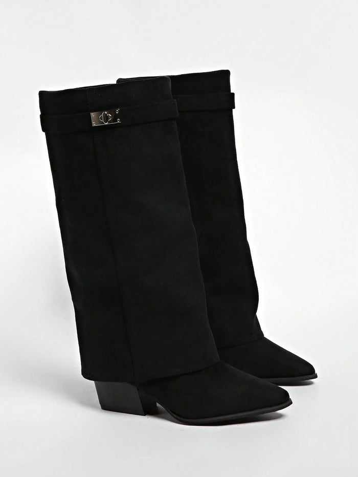 Women's Fold-Over Boots | Buckle Cuff Block Heel