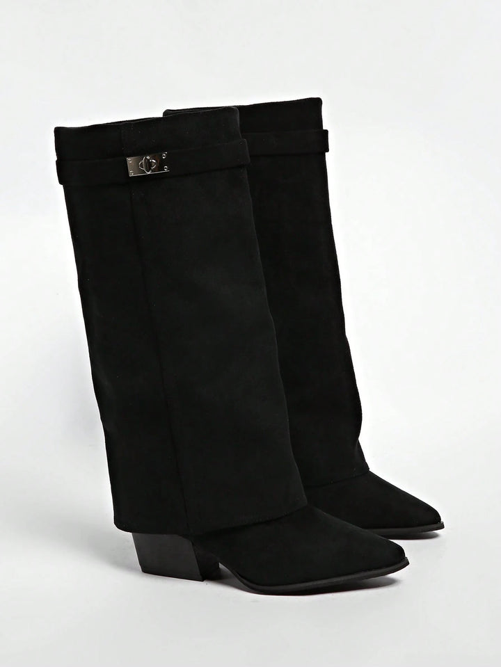 Women's Fold-Over Boots | Buckle Cuff Block Heel