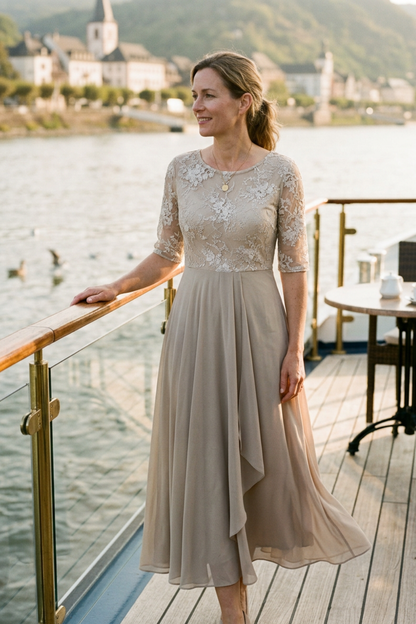 Champagne Women's Chiffon Maxi Dress with Lace Top and 3/4 Sleeves