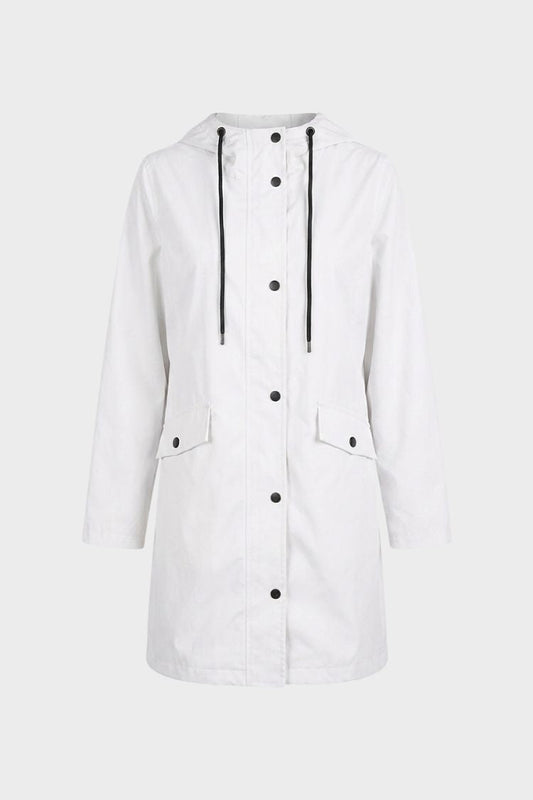 Women's hooded raincoat with drawstring hood and flap pockets