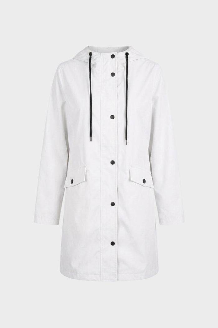 Women's hooded raincoat with drawstring hood and flap pockets