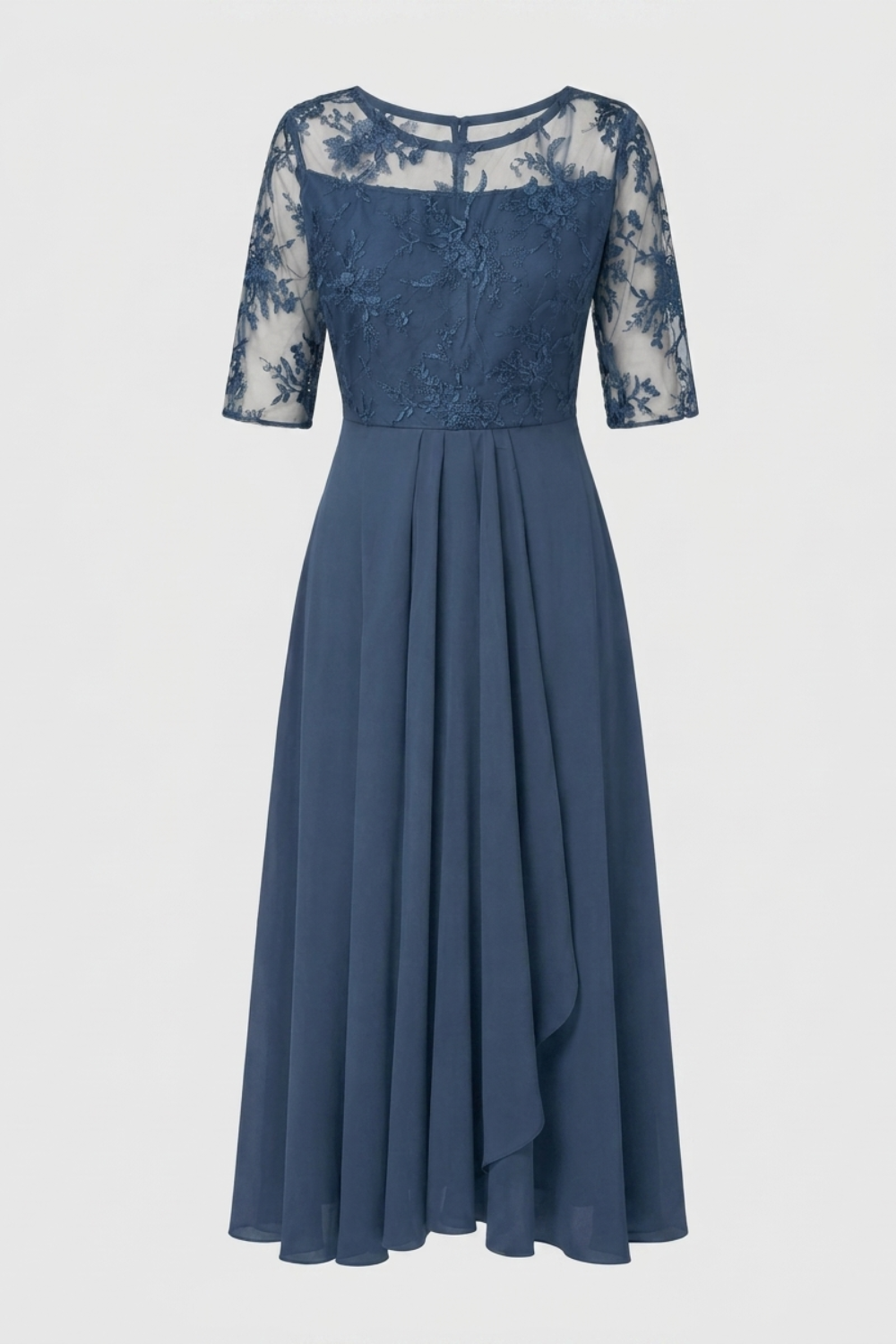 Champagne Women's Chiffon Maxi Dress with Lace Top and 3/4 Sleeves