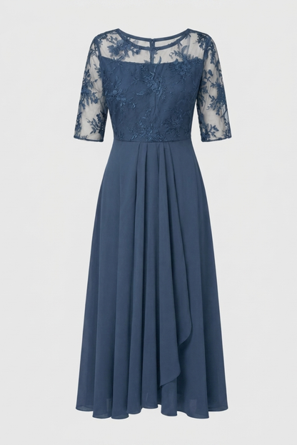 Champagne Women's Chiffon Maxi Dress with Lace Top and 3/4 Sleeves