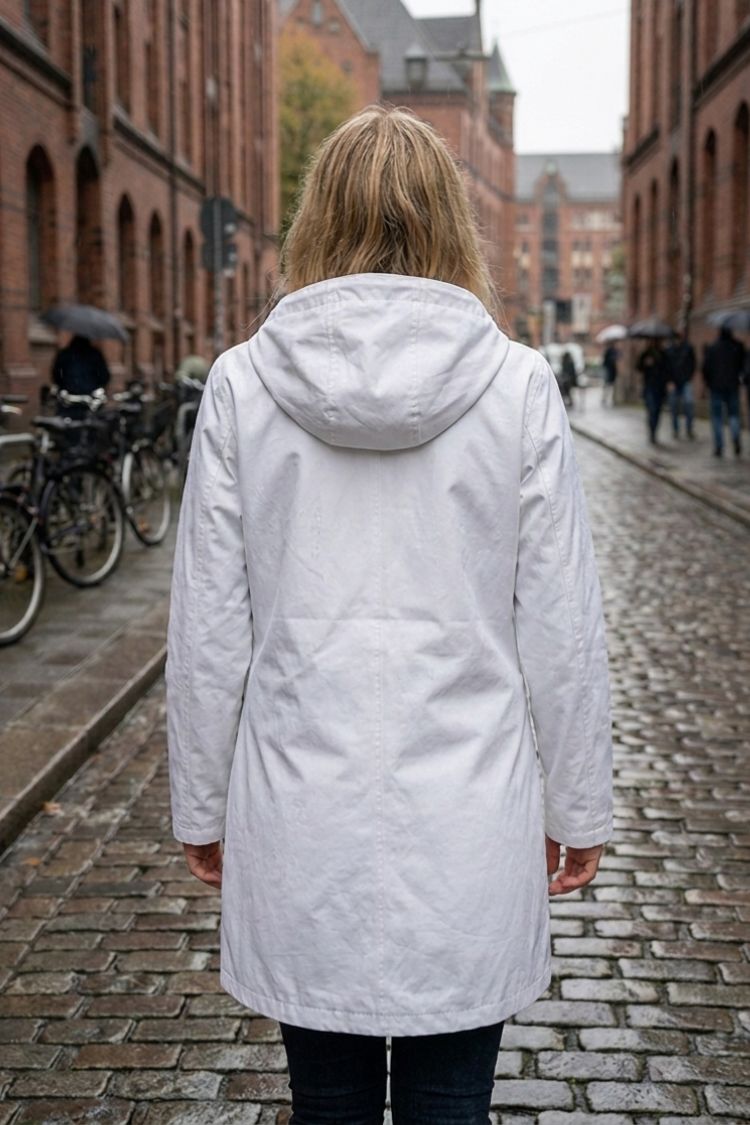Women's hooded raincoat with drawstring hood and flap pockets – 4