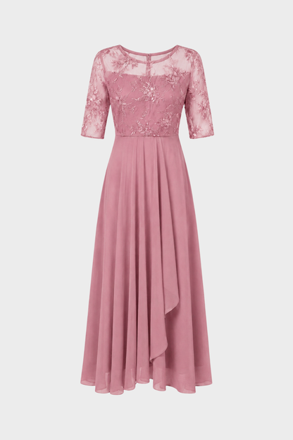 Champagne Women's Chiffon Maxi Dress with Lace Top and 3/4 Sleeves