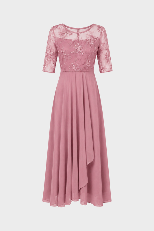 Champagne Women's Chiffon Maxi Dress with Lace Top and 3/4 Sleeves