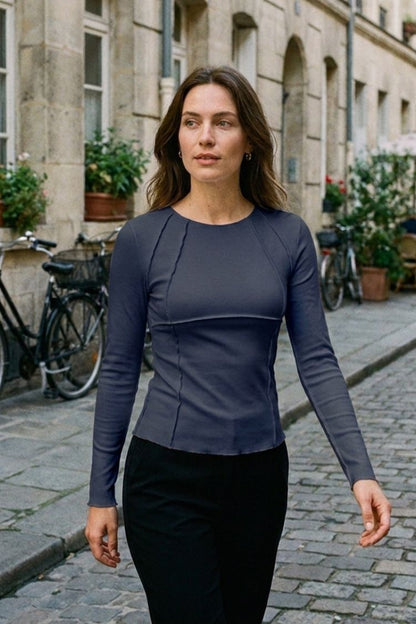 Women's Long Sleeve Round Neck Ribbed Top