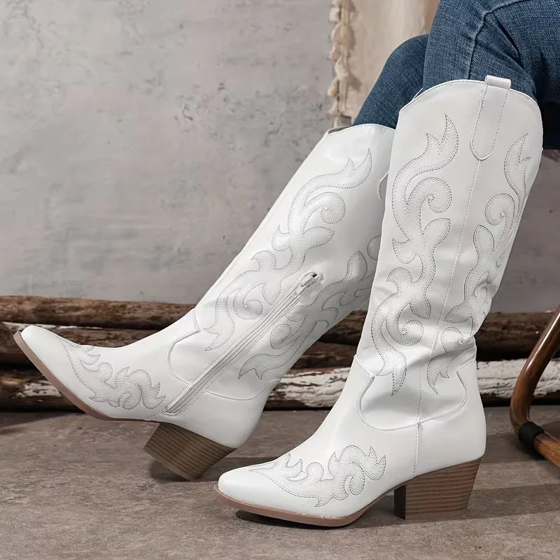 Women's knee-high cowboy boots with pointed toe and scroll embroidery – 12