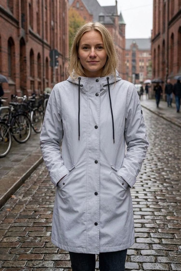 Women's hooded raincoat with drawstring hood and flap pockets – 17