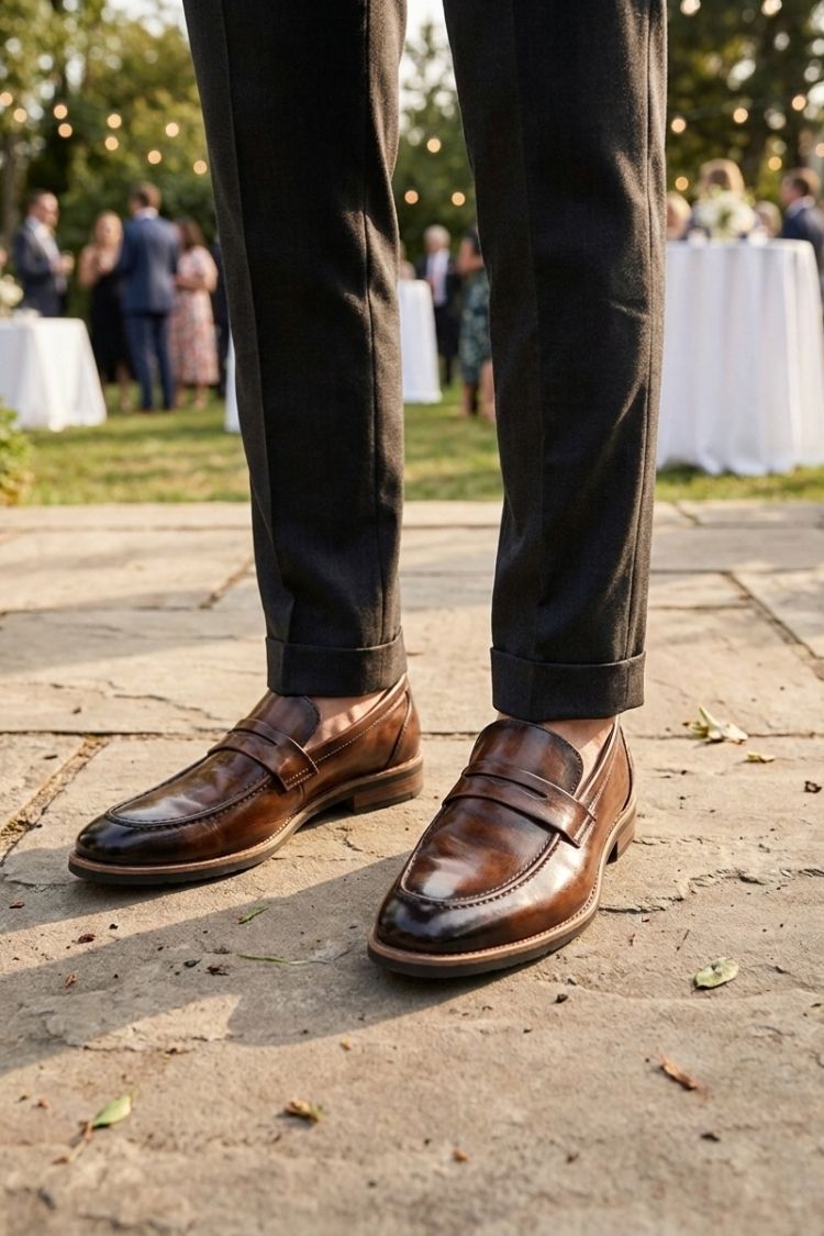 Men's burnished penny loafer with stacked block heel and stitched apron toe – 5