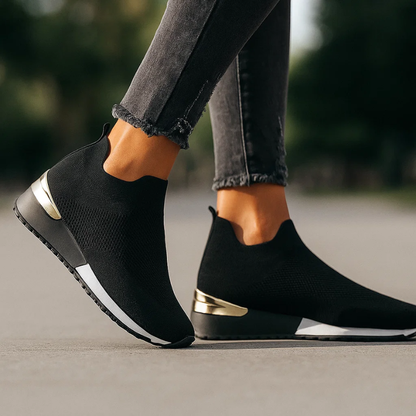 Women's slip-on sneakers with sock-style ankle upper and metallic heel accent – 3