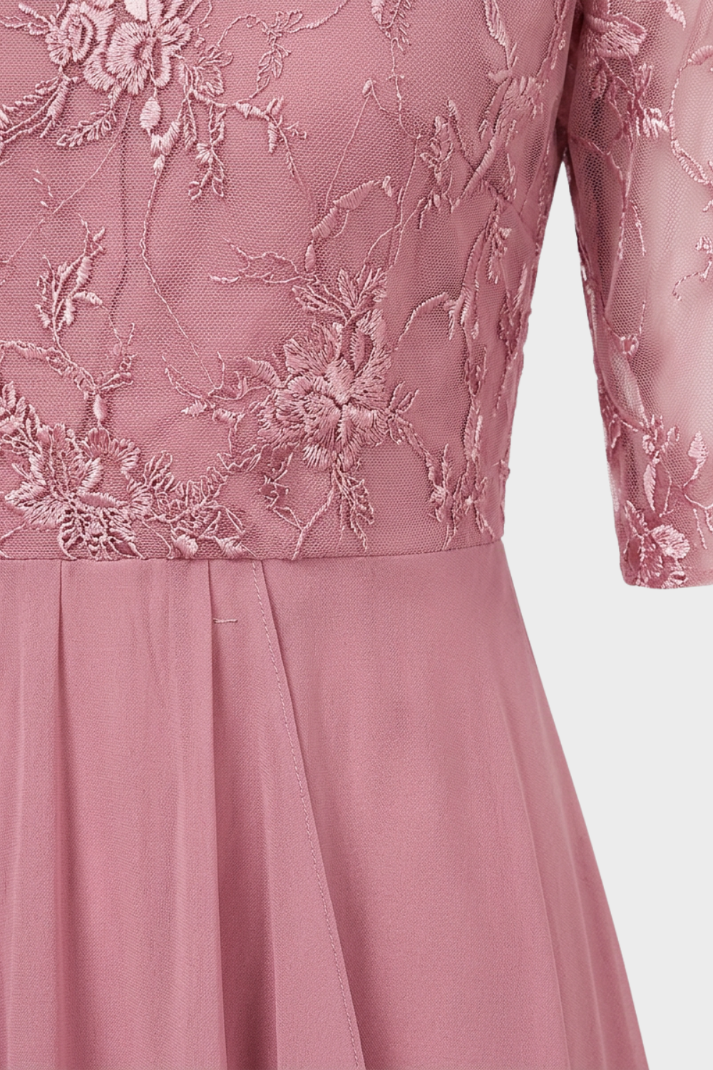 Champagne Women's Chiffon Maxi Dress with Lace Top and 3/4 Sleeves