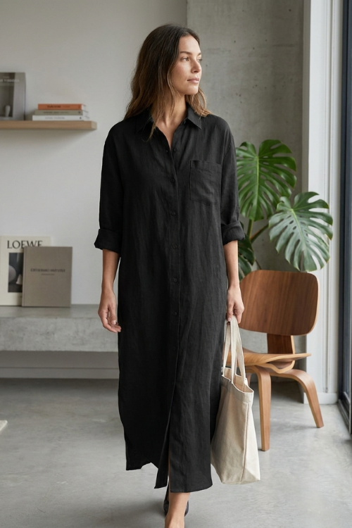 Women's Button Placket Long Shirt Dress