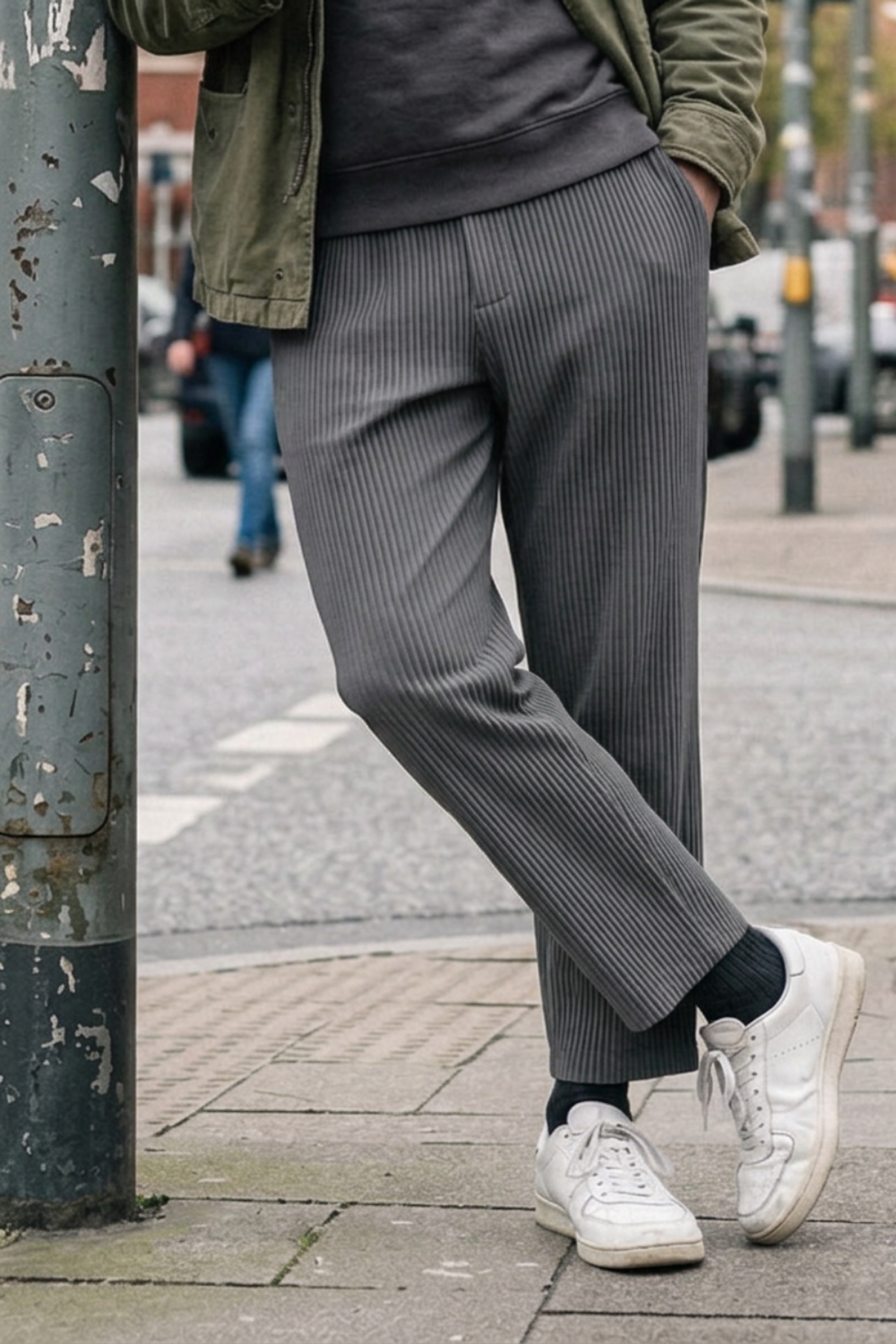 Men's Ribbed Straight Cut Trousers with Elastic Waistband