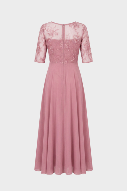 Champagne Women's Chiffon Maxi Dress with Lace Top and 3/4 Sleeves