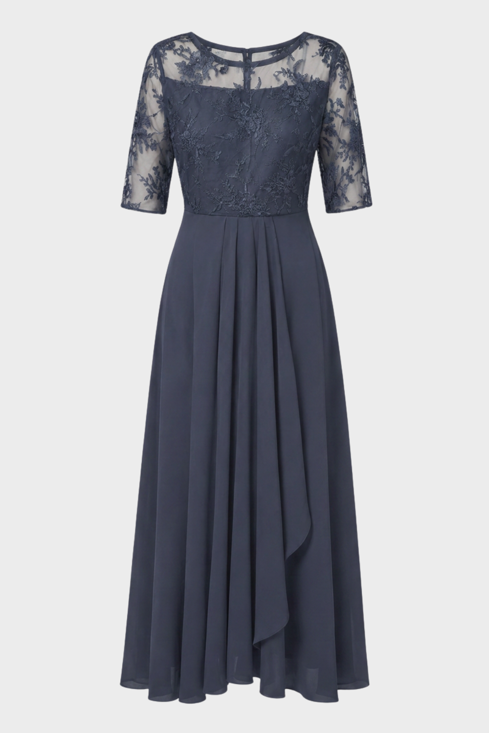 Champagne Women's Chiffon Maxi Dress with Lace Top and 3/4 Sleeves
