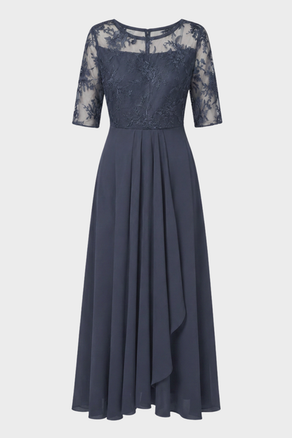 Champagne Women's Chiffon Maxi Dress with Lace Top and 3/4 Sleeves