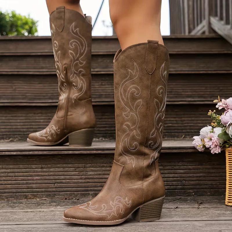 Women's knee-high cowboy boots with pointed toe and scroll embroidery