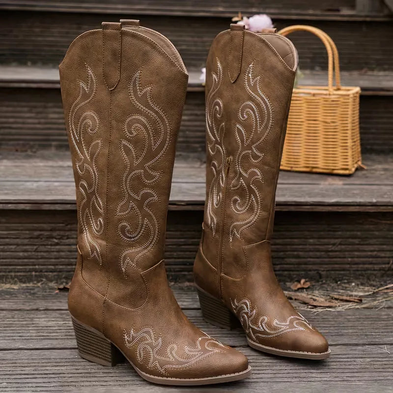 Women's knee-high cowboy boots with pointed toe and scroll embroidery – 4