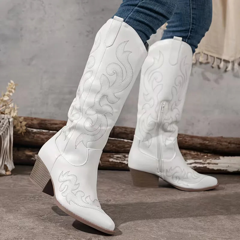 Women's knee-high cowboy boots with pointed toe and scroll embroidery – 14